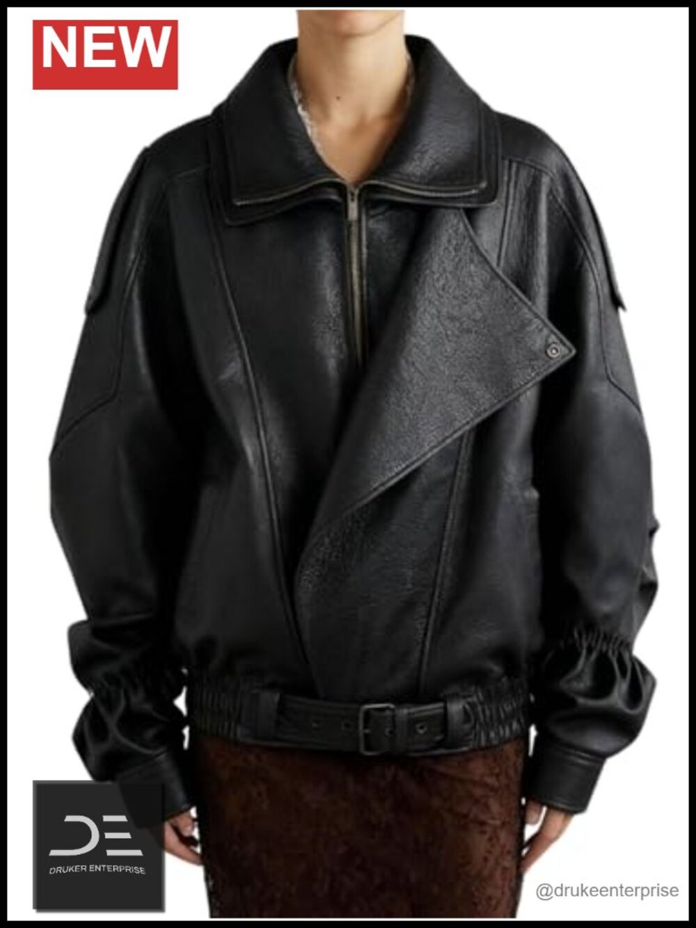 Oversized Faux Leather Moto Biker Jacket Belted Waist Casual Outwear
